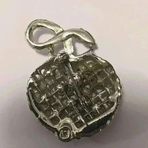 Gold Tone Green Rhinestone Apple Brooch - Picture 3 of 5